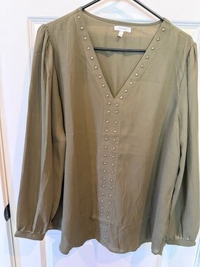Maurices Olive Green V-Neck Studded Long Sleeve Blouse